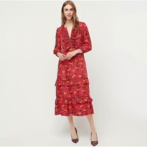 J.Crew Collection Red 100% Silk Leopard Botanical Ruffle Tiered Midi Dress